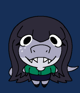 anthro big_head black_eyes black_hair chibi clothing female front_view green_clothing grey_body hair long_hair shark_tail shark_teeth solo foxered15 noelling_(meme) daniela_sanchez fan_character aquatic fish shark alpha_channel trans_(lore) trans_woman_(lore)
