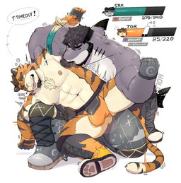 anthro armband armpit_fetish armpit_hair armpit_lick armpit_play beard bodily_fluids body_hair bulge clothing dialogue duo facial_hair gameplay_mechanics genital_fluids gui health_bar licking looking_pleasured male male/male muscular muscular_anthro muscular_male mustache nipples precum precum_through_clothing precum_through_underwear speech_bubble submission_hold tongue underwear wet wet_clothing wrestler wrestling wrestling_boots wrestling_briefs noofs gale_(noofs) aquatic felid fish mammal pantherine shark tiger 2025 colored digital_media_(artwork) hi_res