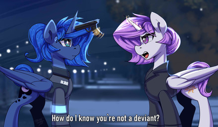 blue_eyes blue_hair clothing duo female feral glowing gun hair handgun horn levitation machine magic pink_eyes pink_hair ranged_weapon text weapon wings shadowreindeer detroit:_become_human friendship_is_magic hasbro my_little_pony mythology connor_(detroit) hank_(detroit) princess_celestia_(mlp) princess_luna_(mlp) android equid equine mammal mythological_creature mythological_equine robot winged_unicorn absurd_res english_text hi_res
