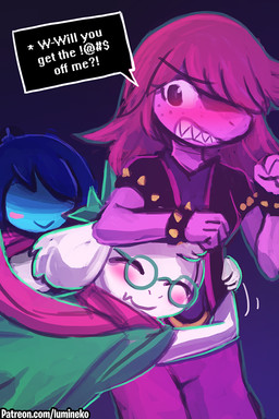 3_fingers 4_fingers ambiguous_gender ambiguous_human angry anthro armlet bangs black_clothing black_topwear blue_body blue_hair blue_skin blush bottomwear bracelet censored_speech cloak clothing cute_fangs ear_tuft eyebrow_through_hair eyebrows eyes_closed eyewear fangs female fingers fist freckles fur glasses gradient_background grawlixes green_clothing green_topwear group hair hat head_tuft headgear headwear hug humanoid_hands interrobang jacket jewelry long_hair motion_lines pink_body pink_hair pink_skin purple_bottomwear purple_clothing red_scarf scarf sharp_teeth simple_background smile speech_bubble spiked_bracelet spikes standing teeth text topwear translucent translucent_hair tsundere tuft white_body white_ears white_fur lumineko deltarune undertale_(series) kris_dreemurr ralsei susie_(deltarune) bovid caprine darkner goat human lightner mammal reptile scalie 2018 2:3 digital_media_(artwork) english_text url watermark