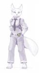 5_toes anthro barefoot biped claws clothed clothing detective feet female fur necktie shoulder_holster simple_background solo toe_claws toes white_background white_body white_fur yellow_eyes foxmode arctic_fox canid canine fox mammal true_fox hi_res