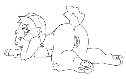 anthro anus breasts butt clothing feet female flattened_breasts fool's_hat genitals hat headgear headwear hindpaw jester lying nude on_front pawpads paws rear_view short_tail simple_background smile smirk solo tail vulva white_background rookspirit felid feline lynx mammal hi_res line_art monochrome