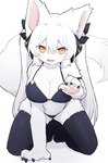 4_fingers all_fours anthro bikini blush bow_ribbon breasts claws cleavage clothed clothing cute_fangs fangs female female_anthro finger_claws fingers fur hair kemono legwear long_hair looking_at_viewer open_mouth pawpads paws solo swimwear teeth thigh_highs tongue two-piece_swimsuit white_body white_fur white_hair yellow_eyes spommmm luna_(spommmm) canid canine fox mammal 2023 digital_media_(artwork) portrait three-quarter_portrait