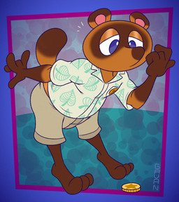 abstract_background anthro bent_over blue_eyes bottomwear brown_body brown_fur clothing coin dipstick_tail fur half-closed_eyes intrigued looking_down male markings multicolored_body multicolored_fur narrowed_eyes shirt shorts slightly_chubby solo tail tail_markings toony topwear two_tone_body two_tone_fur gavanzude animal_crossing nintendo tom_nook_(animal_crossing) canid canine mammal raccoon_dog tanuki alternate_version_at_paywall digital_drawing_(artwork) digital_media_(artwork) hi_res signature