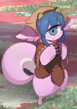1_eye 5_fingers anthro bangs blue_eyes blue_hair brown_clothing brown_dress cape clothing dress female fingers fluffy fluffy_tail fur hair headgear headwear looking_at_viewer pink_body pink_fur smile solo tail pai_pain_paint made_in_abyss pakkoyan cyclops narehate full-length_portrait hi_res portrait