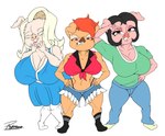 anthro big_breasts biped black_hair blonde_hair blue_bottomwear blue_clothing blue_jeans blue_pants bottomwear breasts clothing denim denim_bottomwear denim_clothing eyebrows female floppy_ears folded_ears group hair huge_breasts jeans muscular muscular_female pants piercing red_eyes red_hair smile tail tanned tanned_skin thick_thighs trio wide_hips reymonrr margarita_(reymonrr) olivo_(reymonrr) rust_(reymonrr) domestic_pig mammal suid suine sus_(pig) absurd_res hi_res sibling_(lore) sister_(lore) sisters_(lore)