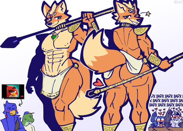 anthro athletic barking big_butt big_eyes blush bottomwear butt clothed clothing clothing_lift crossdressing foam foaming_at_mouth heart_symbol loincloth long_tongue looking_at_viewer male one_eye_closed skimpy solo_focus staff star text tongue wink winking_at_viewer bikopie! angry_birds nintendo rovio_entertainment sega star_fox falco_lombardi fox_mccloud krystal_(star_fox) red_(angry_birds) slippy_toad wolf_o'donnell amphibian avian bird canid canine canis falcon falconid fox frog mammal toad_(frog) wolf english_text hi_res