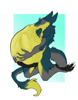 animal_genitalia anthro balls belly belly_kiss big_belly bloated duo erection eyes_closed fur genitals green_body green_fur grey_body grey_fur hugging_belly kissing kneeling male male/male male_pred male_prey pawpads paws penis tail tail_tuft tuft vore yellow_body yellow_fur v-v brom_(sahurus) sergal absurd_res hi_res