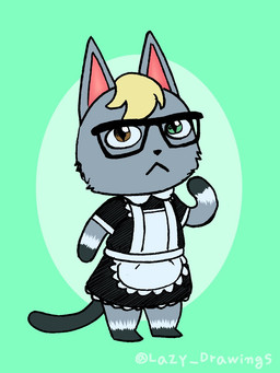 alternative_fashion anthro black_clothing black_dress black_eyewear black_glasses black_nose brown_eyes clothing dress eyewear front_view fur glasses goth gothic_lolita green_eyes grey_body grey_fur grey_tail hair heterochromia j-fashion lolita_(fashion) maid_uniform male multicolored_body multicolored_clothing multicolored_dress multicolored_fur pose solo standing tail tan_hair text two_tone_clothing two_tone_dress uniform white_clothing white_dress achromasloth animal_crossing nintendo raymond_(animal_crossing) domestic_cat felid feline felis mammal 2020 3:4 artist_name digital_media_(artwork)