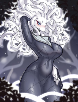 biped blue_eyes blush breasts closed_smile clothed clothing curvy_figure eyelashes female fingers hand_behind_head hand_on_hip mature_female mouth_closed plant pose smile solo standing text tree white_body alfa_kronoxis hollow_knight_(franchise) team_cherry white_lady_(hollow_knight) elemental_creature flora_fauna humanoid treant 2026 absurd_res english_text hi_res signature