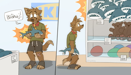 anthro bandage black_bottomwear black_clothing black_footwear black_shorts black_socks bottomwear brown_body brown_fur brown_nose claws clothing collar drawstring eyebrows finger_claws footwear fur gasp green_clothing green_shirt green_t-shirt green_topwear holding_object holding_plushie inside logo male open_mouth plushie shadow shirt shorts smile socks solo speech_bubble t-shirt teddy_bear text thick_eyebrows toe_claws toeless_footwear toeless_socks topwear white_seam_shorts tinydeerguy ikea blahaj matt_riskely aquatic canid canine canis domestic_dog fish mammal shark comic hi_res swedish_text