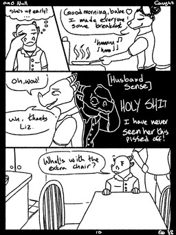 anthro clothing cooking dialogue duo female furniture inner_monologue male nervous nervous_smile table thinking tired qwaxi~lixard canid canine canis domestic_dog lizard mammal reptile scalie comic hi_res