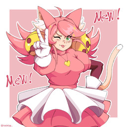 breasts clothed clothed_female clothing dress female fully_clothed fully_clothed_female gesture gloves green_eyes hair hair_bell hand_gesture handwear heart_necklace inner_ear_fluff light_body light_skin one_eye_closed outline pink_background pink_clothing pink_dress pink_ears pink_hair simple_background solo text tuft v_sign white_clothing white_gloves white_handwear white_outline wink rev3r88 undertale_(series) pink_(deltarune) animal_humanoid cat_humanoid felid felid_humanoid feline feline_humanoid humanoid mammal mammal_humanoid 1:1 2025 digital_media_(artwork) english_text half-length_portrait hi_res portrait