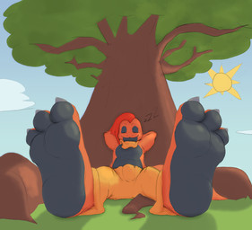 3_toes black_body black_scales black_soles blue_sky bottomwear branch claws clothing extended_legs eyes_closed eyeshadow feet foot_focus forced_perspective grass hands_behind_head hood long_tail makeup male on_grass orange_body orange_scales outside pants plant reclining reptilian_tail roots scales sidecut sitting sitting_on_ground sitting_under_tree sky sleeping smile soles solo sound_effects sun tail toes tree ventral_scales vowelless vowelless_sound_effect zzz gremlinshiba nintendo pokemon nash_(mrmellow) generation_5_pokemon pokemon_(species) scalie scrafty hi_res