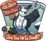 anthro black_nose body_hair chest_hair clothing drill flirting fur hair hair_over_eyes hammer male muscular muscular_anthro muscular_male overalls pecs simple_background smile smiling_at_viewer solo teeth text tools white_body white_fur white_hair wrench nargleflex looney_tunes warner_brothers pitu_le_pew mammal mephitid skunk english_text