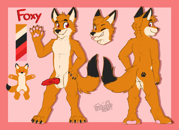 4_toes 5_fingers animal_genitalia animal_penis anthro backsack balls barely_visible_balls barely_visible_genitalia biped black_ears black_nose black_tail blep border butt canine_genitalia canine_penis chibi claws color_swatch cute_fangs detached_sheath dipstick_ears dipstick_tail ear_markings erection eyebrow_through_hair eyebrows fangs feet fingers footprint fur genitals gesture grin hair knot looking_at_viewer looking_back male markings multicolored_body multicolored_ears multicolored_fur multiple_poses neck_tuft nude_anthro nude_male one_eye_closed orange_body orange_ears orange_fur orange_hair orange_tail pawpads pawprint pawprint_(marking) penis pink_background pink_border pink_pawpads pose rear_view red_eyes shadow sheath simple_background smile solo tail tail_markings teeth text toe_claws toes tongue tongue_out translucent translucent_hair tuft two_tone_body two_tone_ears two_tone_fur two_tone_tail vein veiny_penis waving white_balls white_body white_fur white_inner_ear wink gaokun foxy_(donovan_dmc) canid canine fox mammal 11:8 2022 absurd_res hi_res model_sheet watermark