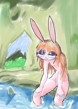 anthro bath bathing breasts female flat_chested fur genitals hair nature nipples nude nude_female pink_body pink_fur purple_eyelids red_hair sitting small_breasts solo teeth vulva water birriadelmal313 happy_(tamal) lagomorph leporid mammal rabbit hi_res