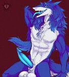 anthro balls blue_penis erection fur genitals hair looking_at_viewer male muscular muscular_anthro muscular_male penis solo standing tail tongue tongue_out ruttingstrap mammal sergal 2021 colored hi_res