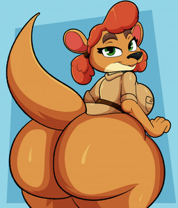 anthro big_breasts big_butt black_nose bottomless bottomless_anthro bottomless_female breasts brown_body brown_eyebrows brown_fur butt butt_focus clothed clothing eyebrows eyelashes female fur green_eyes hair huge_butt huge_hips looking_at_viewer looking_back looking_back_at_viewer orange_hair raised_tail smile solo tail tan_clothing tan_topwear thick_thighs topwear wide_hips someth1ngoranother activision spyro_the_dragon sheila_(spyro) kangaroo macropod mammal marsupial hi_res