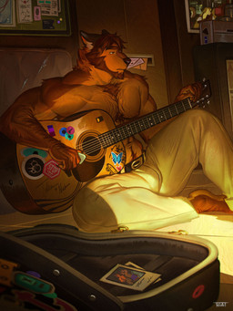 beard belt body_hair bottomwear chest_hair clothed clothing eyebrows facial_hair fur guitar hair inside male musical_instrument pants plucked_string_instrument sitting solo string_instrument topless topless_male tdobt canid canine mammal 3:4 absurd_res hi_res