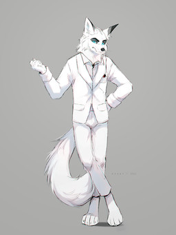 anthro black_markings black_nose blue_eyes bottomwear clothing fur grey_background male markings no_shoes pants pose simple_background solo standing tail topwear white_body white_bottomwear white_clothing white_fur white_pants white_topwear azzai canid canine fox mammal 2022 3:4 colored colored_sketch digital_drawing_(artwork) digital_media_(artwork) shaded sketch
