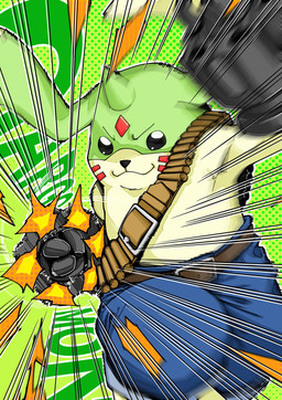 anthro beady_eyes bottomwear clothing denim denim_bottomwear denim_clothing gun_arm jeans long_ears male motion_lines pants punch smile smirk solo weapon_arm eikenkobayashi bandai_namco digimon digimon_(species) gargomon hi_res