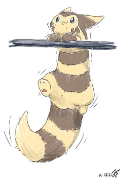 ambiguous_gender bodily_fluids brown_body brown_fur feral fur hanging_from_pole markings pawpads ring_(marking) solo sweat tail tan_body tan_fur 0bon nintendo pokemon furret generation_2_pokemon pokemon_(species)
