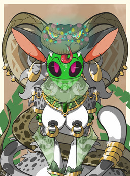 accessory ambiguous_gender anthro armlet black_sclera bodily_fluids border bracelet breasts brown_background chest_tuft coiling coiling_another dripping duo ear_piercing ear_ring eyelashes fangs female feral forked_tongue fur furgonomic_piercing furgonomics gold_(metal) gold_armlet gold_bracelet gold_jewelry grey_body grey_fur hair harem harem_clothing harem_jewelry harem_outfit hypnosis hypnotic_eyes hypnotizing_viewer jewelry long_hair looking_at_viewer markings mind_control nipple_piercing nipple_ring nipples piercing ring_piercing ringed_eyes saliva saliva_drip saliva_string scales simple_background snake_hood snake_hood_piercing spots spotted_body spotted_fur spotted_scales tail tail_accessory tail_jewelry teeth tongue tuft white_body white_border white_fur wide_eyed mrt0ony cobra domestic_cat felid feline felis mammal reptile scalie snake absurd_res hi_res