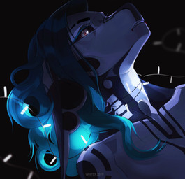 anthro black_background black_body black_eyebrows black_sclera blue_hair eyebrows eyelashes facial_piercing female hair lip_piercing lip_ring machine multicolored_eyes piercing pink_eyes pupils red_pupils ring_piercing simple_background solo string_lights two_tone_eyes white_body white_eyes unknowhiter android robot 2019 hi_res