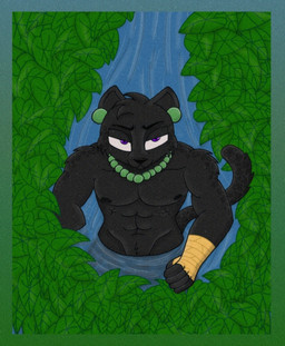 anthro balam_(naawadeer) jade_(gem) jewelry male muscular muscular_anthro muscular_arms muscular_male plant river solo tribal tribal_jewelry water naawadeer animal_humanoid felid felid_humanoid humanoid jaguar jaguar_humanoid mammal mammal_humanoid pantherine pantherine_humanoid hi_res