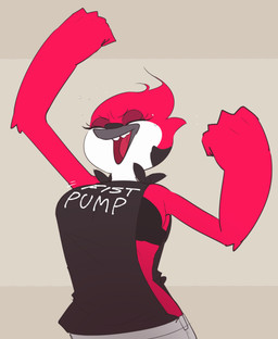 anthro beak bra clothed clothing eyes_closed female fist_bump gesture solo teeth toothed_beak underwear weeeeps cartoon_network regular_show margaret_smith_(regular_show) avian bird cardinal_(bird) oscine passerine 2022 hi_res