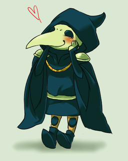animal_mask anthro beak beak_mask blush bottomwear cloak clothed clothing footwear gloves green_beak green_body green_skin grey_background hand_on_face hand_on_head handwear happy headgear heart_symbol hood hoodie knight long_beak male mask pants plague_doctor shoes simple_background smile solo soulless_eyes topwear warrior retortpouch shovel_knight yacht_club_games plague_knight avian 2015 low_res