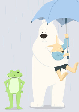 anthro biped black_nose bottomwear carrying_another clothing dot_eyes green_body group kemono raining shorts simple_eyes size_difference sweater topwear umbrella white_body panda_po amphibian bear canid canine canis domestic_dog frog mammal polar_bear ursine 2023 hi_res