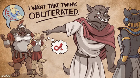 angry anthro armor bared_teeth black_body black_fur bottomwear brown_body brown_fur butt cat_tail clothing conversation_without_dialog curly_hair ear_piercing ear_ring egyptian female footwear fur gender_symbol gesture gold_(metal) gold_jewelry group hair hand_gesture history jewelry loincloth male male/male male_symbol male_symbol_penetration piercing pointing pointing_at_another rear_view red_cloth red_clothing ring_piercing roman roman_clothing roman_empire roman_helmet sandals shirt shoes simple_background size_difference speech_bubble symbol tail teeth text thought_bubble topwear translucent translucent_clothing tunic white_clothing wrist_guards yellow_body yellow_fur nanoff cleopatra marcus_agrippa mark_antony octavianus_augustus canid canine canis domestic_cat felid feline felis mammal wolf digital_media_(artwork) english_text signature story story_at_source story_in_description