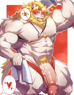 5_fingers abs anthro areola barazoku biceps big_muscles big_penis biped blonde_mane blush embarrassed fingers foreskin fur genitals glans half-erect huge_muscles huge_penis humanoid_genitalia humanoid_penis jewelry looking_at_viewer male mane melee_weapon muscular muscular_anthro muscular_male necklace nipples pecs penis pink_nipples solo standing sword sword_on_shoulder thick_penis vein veiny_penis weapon weapon_on_shoulder white_body white_fur yellow_eyes higanbana_zero anonymous_character felid lion mammal pantherine 2024 hi_res portrait three-quarter_portrait