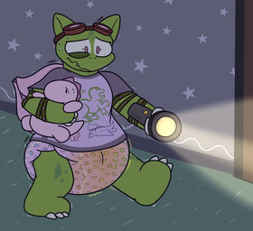 ambiguous_gender anthro armband bodily_fluids claws clothed clothing detailed_background diaper eyewear eyewear_on_head finger_claws flashlight genital_fluids goggles goggles_on_head green_body hallway holding_flashlight holding_object holding_plushie inside logo markings narrowed_eyes night plushie scared shirt snaggle_tooth solo sound_effects sweat sweatdrop toe_claws topwear unclean_diaper urine used_diaper using_diaper vowelless vowelless_sound_effect walking wavy_mouth wearing_diaper wet_diaper wetting wetting_diaper hyper423 nintendo pokemon shochu_(gao) bulbasaur generation_1_pokemon pokemon_(species) artist_logo full-length_portrait hi_res portrait