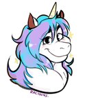 anthro big_eyes blush eyebrows fur hair horn iridescent iridescent_hair iridescent_mane looking_at_viewer male multicolored_hair smile solo sparkles thick_eyebrows white_body white_fur ractoons mythology andy_(thirstydraws) equid equine mammal mythological_creature mythological_equine unicorn hi_res icon