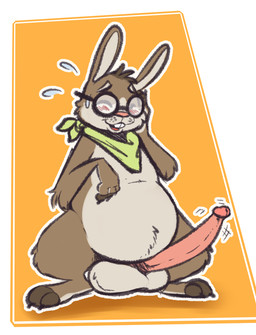 anthro balls blush bodily_fluids brown_body brown_fur buckteeth eyes_closed eyewear fur genitals glasses long_penis male penis scarf slightly_chubby solo sweat sweatdrop teeth wearing_glasses emenius lagomorph leporid mammal rabbit hi_res