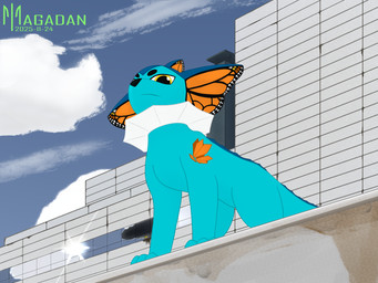 ambiguous_gender arm_markings blue_body brutalist_architecture cloud feral looking_at_viewer looking_down looking_down_at_viewer markings paws reflection shoulder_markings solo standing sun window yellow_eyes magadan nintendo pokemon monarkh_(magadan) eeveelution generation_1_pokemon pokemon_(species) vaporeon 4:3 hi_res