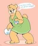 anthro blush clean_diaper clothing dialogue diaper feet female folded_diaper holding_diaper holding_object holding_pacifier open_mouth pacifier smile solo speech_bubble teeth text touching_diaper bubblepuppers bear mammal english_text hi_res