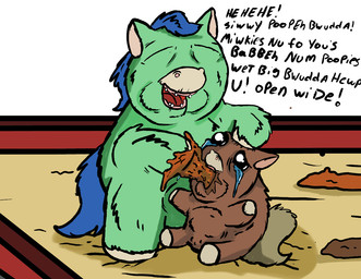 abuse ambiguous_feral ambiguous_gender baby_talk beady_eyes blue_hair blue_tail bodily_fluids brown_body brown_fur cruelty crying dialogue duo eating_feces feces feces_in_mouth feral force_feeding forced fur green_body green_fur grey_hair grey_tail hair hooves litter_box open_mouth pain pained_expression quadruped smile suffering tail tears teeth text young young_ambiguous young_feral carniviousduck fluffy_pony fluffy_pony_(species) mammal 2026 digital_media_(artwork) english_text redraw shaded sibling_(lore)