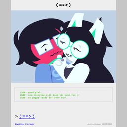 anthro bdsm black_hair blush blush_lines buckteeth clothed clothed_female clothing collar collar_pull collar_tag comic_panel crop_top dialogue duo eyewear female glasses good_girl gynomorph hair intersex intersex/female lipstick long_hair makeup onesie pajamas petplay puppyplay red_face roleplay shirt short_hair teeth text topwear white_body ashleyorange homestuck ms_paint_adventures jade_harley june_egbert canid canine human humanoid hybrid mammal 1:1 comic english_text hi_res incest_(lore) sibling_(lore) sister_(lore) sisters_(lore) trans_(lore) trans_woman_(lore)