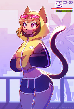 anthro brown_hair cat_tail city city_background clothing ears_up eyewear female hair hand_in_pocket hood jacket plant pockets solo sunglasses text topwear tree kekyi gameoverse glitch_productions grand_theft_auto rockstar_games kit_bodega felid feline mammal hi_res