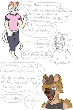 anthro black_bottomwear black_clothing black_pants black_shirt black_topwear bottomwear brown_body brown_fur brown_nose clothed clothing duo embarrassed eyebrows eyewear fully_clothed fur glasses green_eyes male nervous one_eye_closed pants pawpads pink_clothing pink_nose pink_pawpads pink_shirt pink_topwear raised_arm raised_eyebrow shirt shocked shy simple_background smile speech_bubble tail tan_body tan_fur teeth telling_lies text text_on_clothing text_on_topwear thinking thought_bubble topwear walking wearing_glasses whiskers white_background white_body white_fur worried worried_face yellow_eyes kounvark harha_(kounvark) ronelio_(kounvark) felid feline hyena mammal 2026 2:3 absurd_res digital_media_(artwork) english_text hi_res pixel_(artwork) sequence