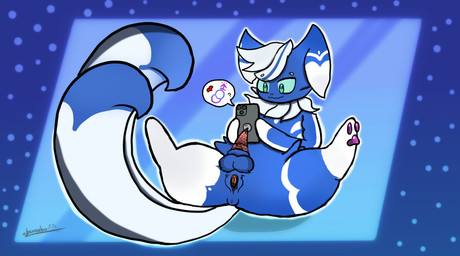 anatomically_correct anatomically_correct_genitalia anus balls bodily_fluids duo feral genital_fluids genitals intersex intersex/intersex leaking_precum male paws penile_spines penis precum spread_vulva spreading tail vulva bernabus nintendo pokemon esper felid feline felis generation_6_pokemon mammal meowstic pokemon_(species) absurd_res hi_res