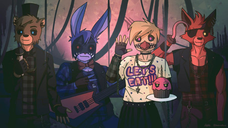 5_fingers anthro beak belt black_nose blue_eyes bodypaint bottomwear brown_body brown_fur brown_inner_ear_fluff chain clothed clothing electric_guitar electronics eye_patch eyebrows eyewear face_paint female fingerless_gloves fingers fur gesture glasses gloves group guitar hand_gesture handwear hat head_tuft headgear headwear holding_object hook hook_hand inner_ear_fluff inside jacket jewelry male microphone musical_instrument necklace orange_beak pants pink_eyes plate plucked_string_instrument purple_body purple_fur red_body red_eyes red_fur red_nose shirt skirt standing string_instrument text text_on_clothing top_hat topwear tuft v_sign vest yellow_body yellow_eyes naturanevie five_nights_at_freddy's five_nights_at_freddy's_2 scottgames cupcake_(fnaf) withered_bonnie_(fnaf) withered_chica_(fnaf) withered_foxy_(fnaf) withered_freddy_(fnaf) avian bear bird canid canine chicken fox galliform lagomorph leporid mammal phasianid rabbit 16:9 english_text shaded widescreen