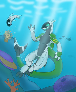anthro bubble coral_reef fin gesture gills looking_at_viewer machine sea sharp_teeth synthetic teeth teeth_showing underwater water waving spaceg3n discovery_channel shark_week crypto_(spaceg3n) anthozoan cnidarian coral fish marine robot shark synth_(vader-san) absurd_res hi_res