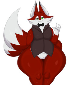 anthro biped bottomless bow_tie breasts cheek_tuft clothed clothing facial_tuft female front_view fur genitals gesture green_eyes huge_hips huge_thighs overweight overweight_anthro overweight_female pantsless red_body red_fur simple_background small_breasts smile solo standing thick_thighs topwear topwear_only tuft vest vest_only vulva waving white_body white_fur wide_hips coffee_demon eve_(coffee_demon) canid canine fox mammal 2025 absurd_res hi_res