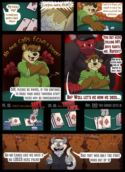 ace_of_hearts anthro betting blush brown_body brown_fur card casino claws eight_of_clubs four_of_spades front_view fur green_eyes group king_of_hearts magic nine_of_spades paws playing_card queen_of_diamonds seven_of_clubs six_of_diamonds standing teeth text weight_gain bottlebear temper bear demon mammal comic english_text hi_res