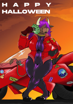 anthro armor clothing female hair headgear helmet horn jacket latex latex_clothing mexican_flag money purple_hair red_clothing red_jacket red_topwear simple_background solo text topwear ryuzka akira_(film) nintendo the_legend_of_zelda harped bovid bovine mammal absurd_res hi_res